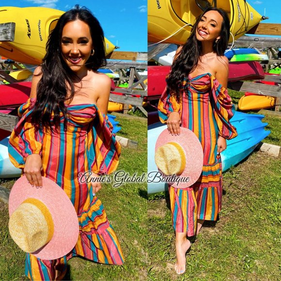 RARE NWT ANTHROPOLOGIE FARM RIO Rainbow Striped Flounced Midi Dress. Size L - Picture 13 of 16